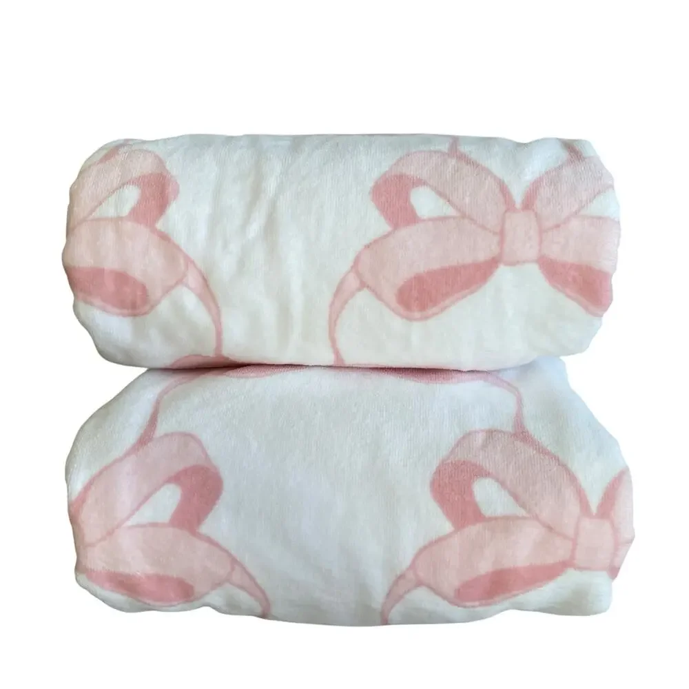 Kassafina Coquette Pink Bow Hand & Bath Towel 4PC Set 100% Cotton White NEW